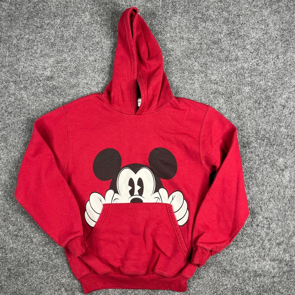 Disney Hoodie Kids Size L Red Mickey Mouse Graphic Pullover Kangaroo Pocket